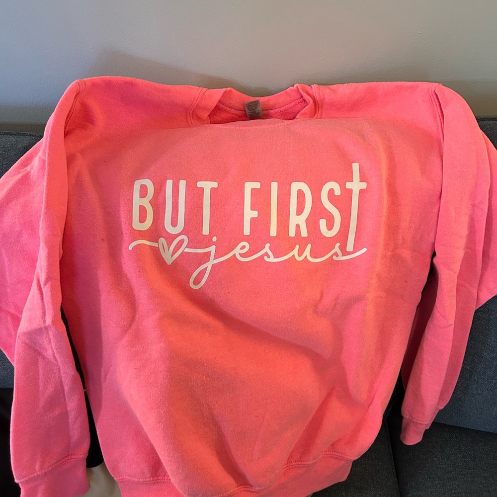Gildan Bright Pink 'But First Jesus' Sweatshirt